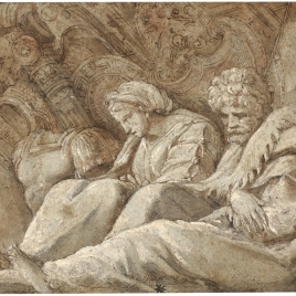 Dos prisioneros bárbaros sentados ante un trofeo de guerra