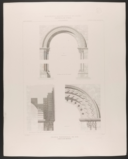 Imagen de la obra: "Detalles de la portada de la iglesia de Ujo en Mieres, Asturias"