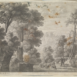 Paisaje con pastores y su rebaño junto a un río