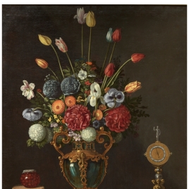 Still Life with Vase of Flowers and a Dog