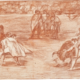 Un varilarguero, montando a hombros de un chulo, pica al toro [Un torero monté sur les épaules d'un chulo 'lanceando' (sic) un taureau]