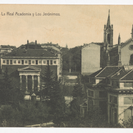 Museo del Prado, vista de la fachada norte o de Goya, Real Academia e iglesia de los Jerónimos