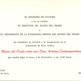 Invitación para la inauguración de la exposición "El Museo del Prado visto por doce artistas contemporáneos"