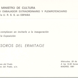 Invitación para la inauguración de la exposición "Tesoros del Ermitage"