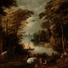 Paisaje con río y mujer ordeñando vacas