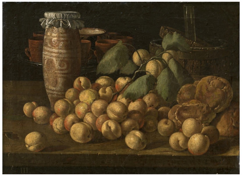 Imagen de la obra: "Bodegón con albaricoques, bollos y recipientes"