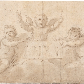 Dos angelitos llevando una cartela con la inscripción I.N.R.I.