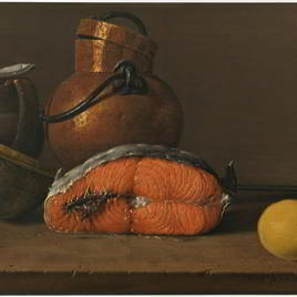 Bodegón con salmón, limón y recipientes. Luis Egidio Meléndez