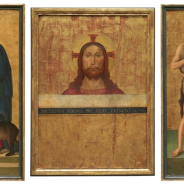 Tríptico abierto: Busto de Cristo, san Juan Bautista y san Pedro. Cerrado: San Juan Evangelista y santa Columba