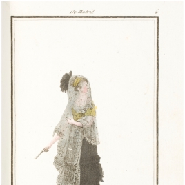 Petimetra con basquiña de flecos de madroños y mantilla negra tansparente con blondas, de Madrid