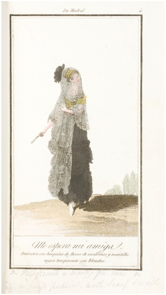 Imagen de la obra: "Petimetra con basquiña de flecos de madroños y mantilla negra tansparente con blondas, de Madrid"