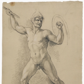 Estudio de desnudo masculino de frente con escudo, casco y lanza