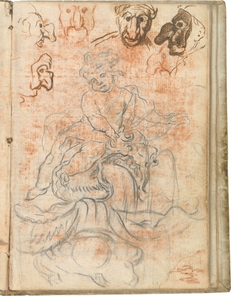 Imagen de la obra: "Apuntes de cabezas con máscara (Polichinela o Pantalón de Bisognosi). Fuente barroca con amorcillo sobre un ser marino"