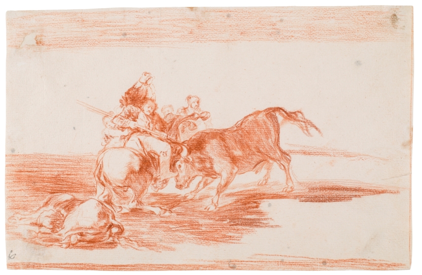 Image of the artwork: "Two groups of picadors knocked over one after another by the bull"