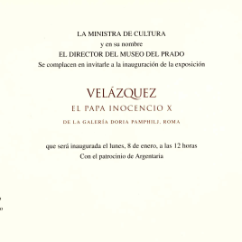 Invitación para la inauguración de la exposición "Velázquez. El Papa Inocencio X de la Galería Doria Pamphili. Roma"