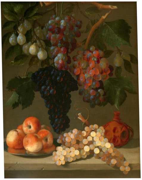Bodegón de uvas, manzanas y ciruelas