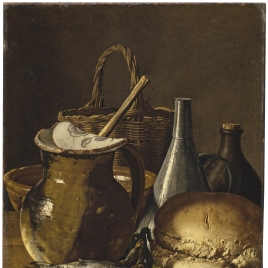 Bodegón con arenques, cebolletas, pan y utensilios de cocina