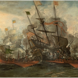 Combate naval y turcos saltando al abordaje