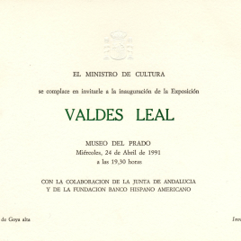 Invitación para la inauguración de la exposición del año 1991 "Valdés Leal"