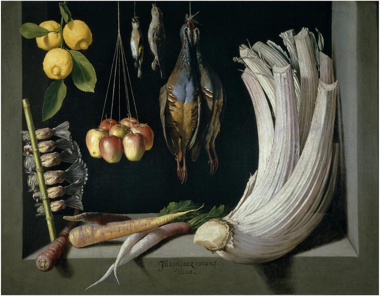 Bodegón de caza, hortalizas y frutas