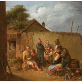 Un veterano narrando sus aventuras en la puerta de una hostería a un grupo de aldeanos, o El charlatán