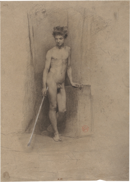 Standing male nude facing front, with left hand leaning on a stone block