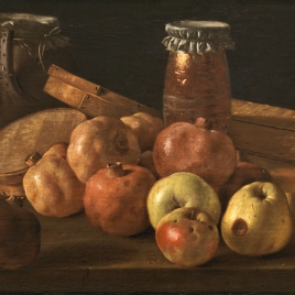 Still life with Pomegranates, Apples, Boxes of Sweets and Vessels