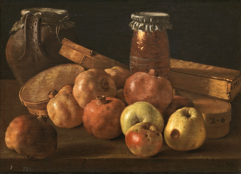 Imagen de la obra: "Bodegón con granadas y manzanas, cajas de dulces y otros recipientes"