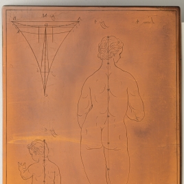 Estudio geométrico del cuerpo femenino y de un niño, vista posterior