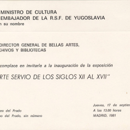 Invitación a la inauguración de la exposición "Arte Servio de los siglos XII al XVII"