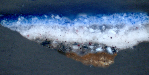 Fig.4. The stratigraphic sample reveals that the underlayers of the Virgin&rsquo;s mantel were painted in white lead, smalt and red lake, while the top layers use lapis lazuli