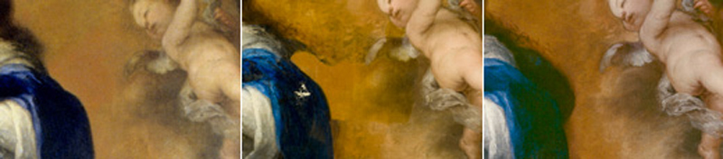 Fig. 2. a, b y c. Parte del pelo y manto azul de la virgen fueron ocultados tras una capa de naranja a tono con el fondo original: antes, durante y despu&eacute;s de la Restauraci&oacute;n