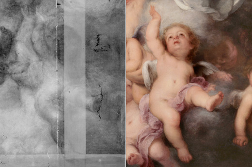 Fig. 7a y b. The x-ray reveals the re-positioning further to the right of one of the angels in the lower zone)