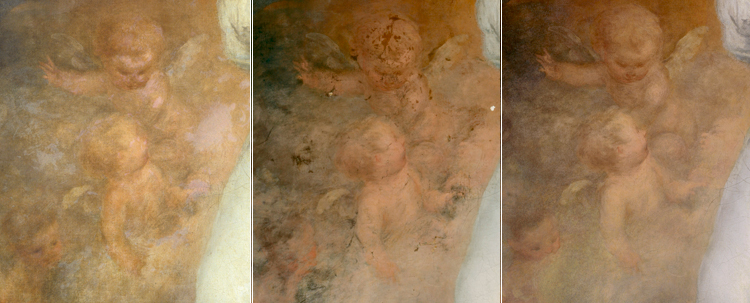 Fig. 11. a, b and c. Old areas of re-painting concealed the face of one of the angels, as well as the subtle effects of glazing