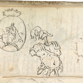 Estudio de coraza y casco a la antigua, en percha. Medallón con imagen de la Inmaculada. Inicio de carta