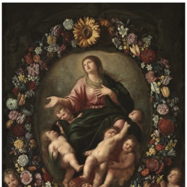 Guirnalda de flores con la Asunción de la Virgen