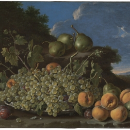 Still Life with Plate of Grapes, Peaches, Pears and Prunes in a Landscape