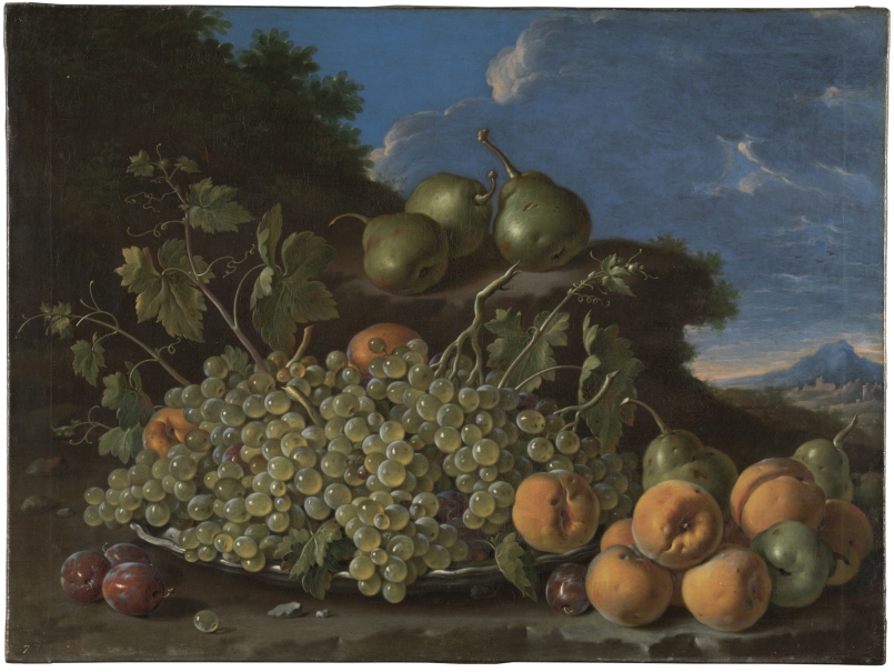 Image of the artwork: "Still Life with Plate of Grapes, Peaches, Pears and Prunes in a Landscape"