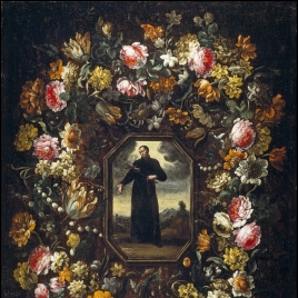 Guirnalda de flores con san Camilo de Lelis