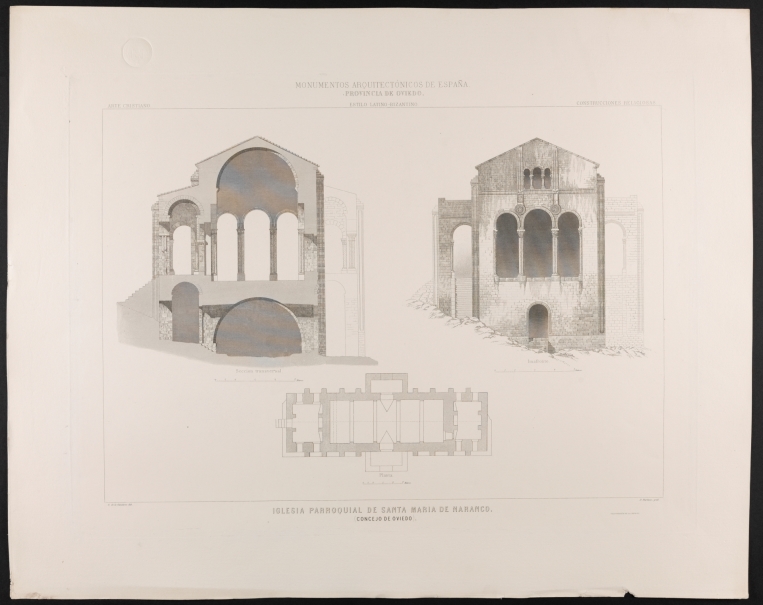 Imagen de la obra: "Planta, fachada y sección de Santa María del Naranco en Oviedo"
