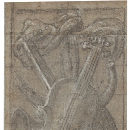 Nude putto supporting a cornucopia and musical instruments