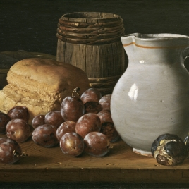Still Life with Plums, Figs, Bread, Barrel, Jug and Other Vessels