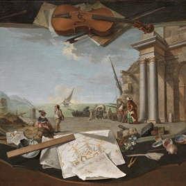 Landscape surrounded by trompe-l’oeil Symbols of the Arts