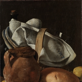 Bodegón con cantarilla, pan y cesta con objetos de mesa