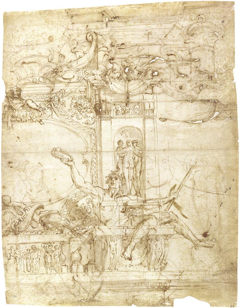Proyecto de decoración mural &shy;(Galería Farnesio) / Estudios de putti, de pedestales de la Antigüedad y de una columnata ficticia [Annibale Carracci]