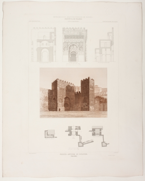 Imagen de la obra: "Planta, sección y fachada de la puerta antigua de Bisagra en Toledo"