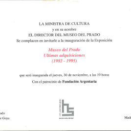 Invitación para la inauguración de la exposición "Museo del Prado. Últimas adquisiciones (1982 - 1995)"