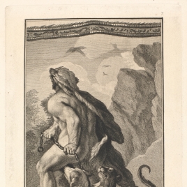 Hércules encadena y aparta al Can Cerbero que le impedía el ingreso al infierno