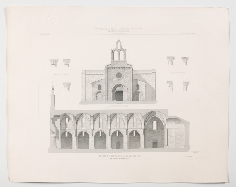 Imagen de la obra: "Imafronte, sección longitudinal y detalles de Santa María de Valdediós en Villaviciosa, Asturias"