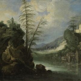 Paisaje peñascoso con río y molino